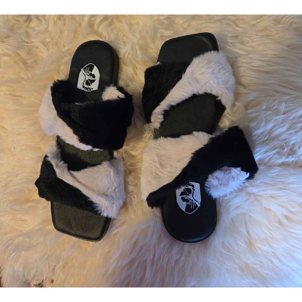 VHNY Black and White Faux Fur Slide Sandals
